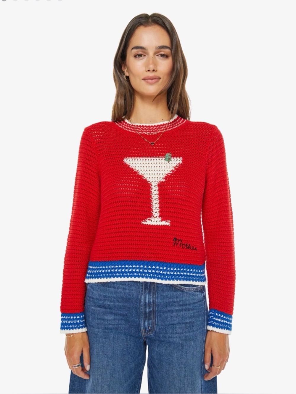 MOTHER Red Crochet Martini Sweater with White & Blue Trim